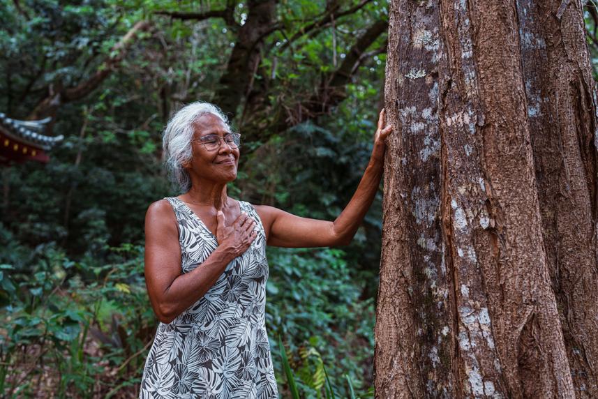 Woman breathing outside.