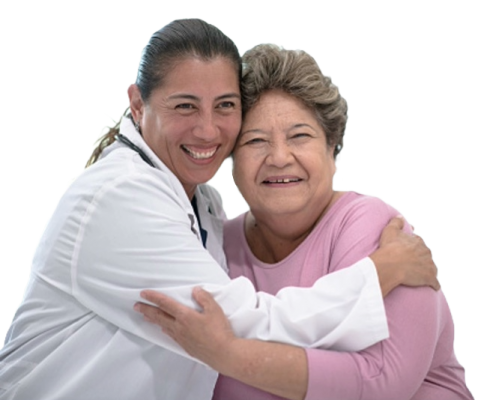 A caring doctor and patient huging